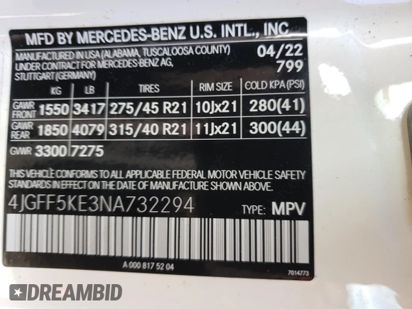 2022 Mercedes-Benz GLS 450 with VIN 4JGFF5KE3NA732294, listed as a Copart auction lot 78955903 with 31,419 mi miles and . Bid and sale history available at DreamBid. Image 12.