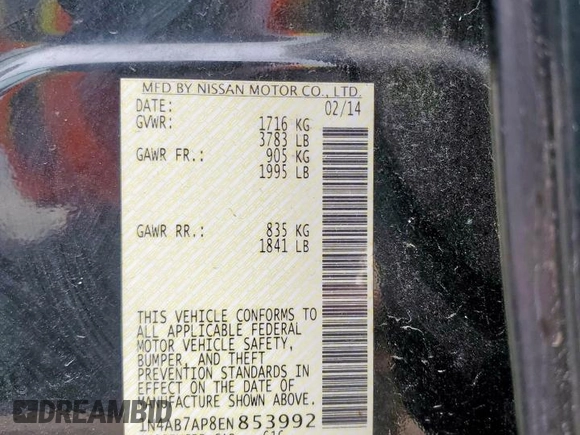 2014 Nissan Sentra SV with VIN 1N4AB7AP8EN853992, listed as a Copart auction lot 62081215 with 161,682 mi miles and Salvage title. Bid and sale history available at DreamBid. Image 12.