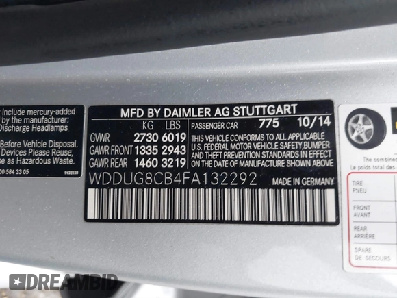 2015 Mercedes-Benz S-Class S 550 with VIN WDDUG8CB4FA132292, listed as a IAAI auction lot 41436153 with 83,505 mi miles. Bid and sale history available at carsss.com. Image 9.