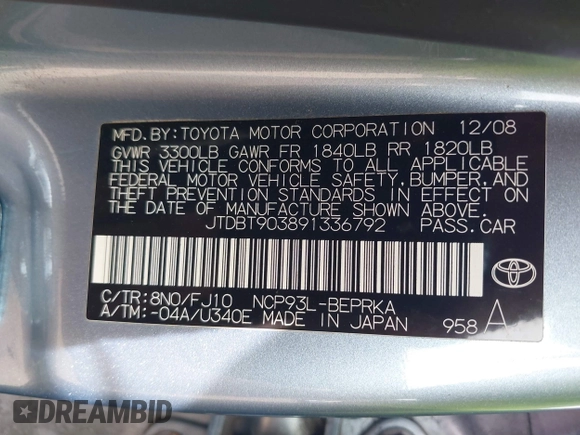 2009 Toyota Yaris with VIN JTDBT903891336792, listed as a IAAI auction lot 42096543 with 115,735 mi miles and . Bid and sale history available at DreamBid. Image 9.