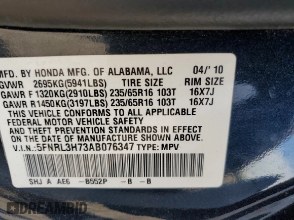 2010 Honda Odyssey EX-L с VIN 5FNRL3H73AB076347, выставлен на аукционе Copart как лот 56582495 с пробегом 155 661 миль миль и Списание • Salvage title. История ставок и продаж доступна на DreamBid. Изображение 14.