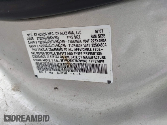 2007 Honda Odyssey Touring z VIN 5FNRL38877B091046, wystawiony jako IAAI lot #42187965 z przebiegiem Nie podano mil oraz . Historia ofert i sprzedaży dostępna na DreamBid. Obrazek 9.