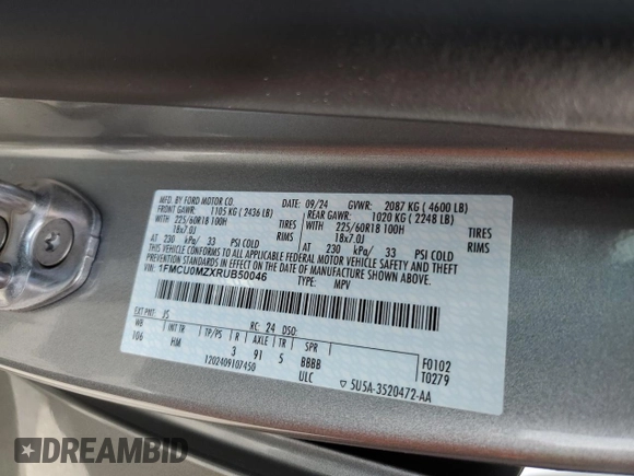 2024 Ford Escape ST-Line with VIN 1FMCU0MZXRUB50046, listed as a Copart auction lot 47751805 with 97 mi miles and Non Repairable. Bid and sale history available at DreamBid. Image 13.