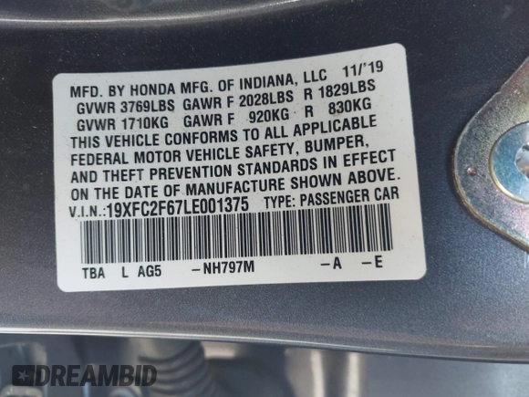 2020 Honda Civic LX z VIN 19XFC2F67LE001375, wystawiony jako IAAI lot #42033879 z przebiegiem 79 941 mil mil oraz . Historia ofert i sprzedaży dostępna na DreamBid. Obrazek 9.
