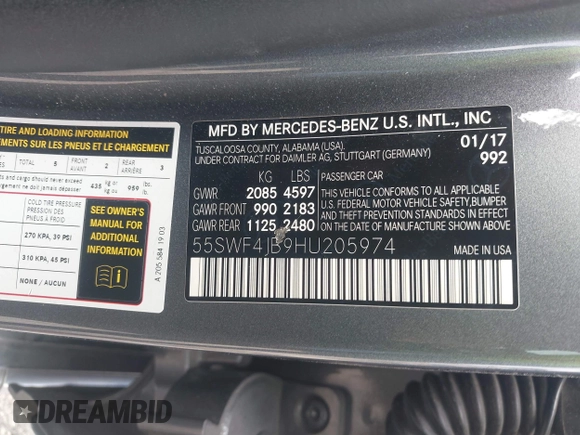 2017 Mercedes-Benz C 300 with VIN 55SWF4JB9HU205974, listed as a IAAI auction lot 42005543 with Not provided miles and . Bid and sale history available at DreamBid. Image 9.