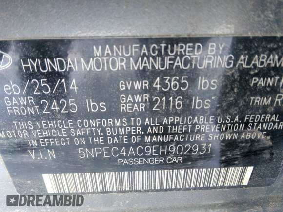 2014 Hyundai Sonata SE with VIN 5NPEC4AC9EH902931, listed as a IAAI auction lot 41594115 with 50,221 mi miles and . Bid and sale history available at DreamBid. Image 9.