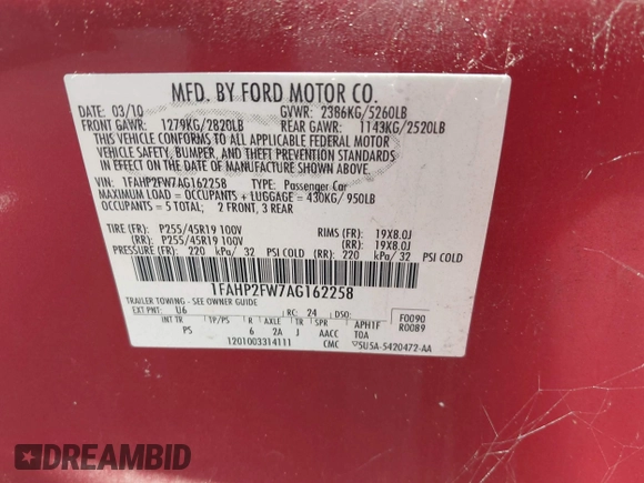 2010 Ford Taurus Limited with VIN 1FAHP2FW7AG162258, listed as a IAAI auction lot 41625767 with 187,205 mi miles. Bid and sale history available at carsss.com. Image 9.