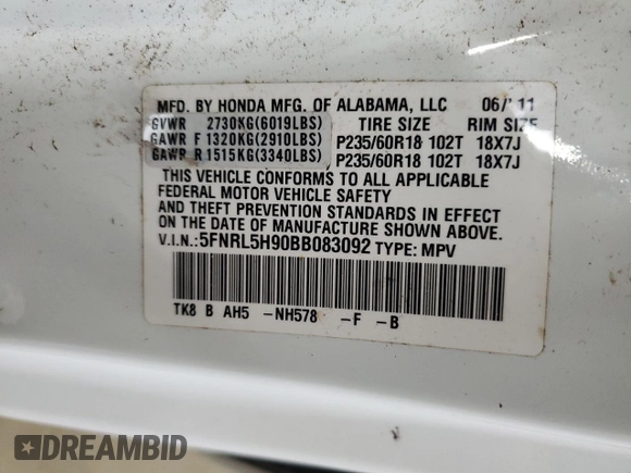 2011 Honda Odyssey Touring Elite with VIN 5FNRL5H90BB083092, listed as a Copart auction lot 54178785 with 135,765 mi miles and Salvage Title. Bid and sale history available at DreamBid. Image 13.