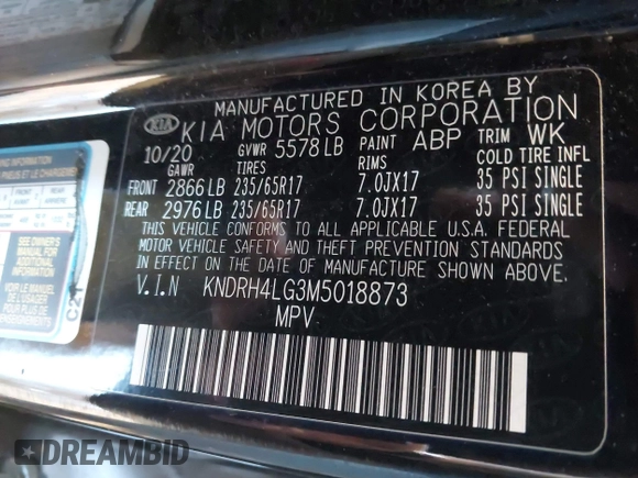 2021 Kia Sorento EX with VIN KNDRH4LG3M5018873, listed as a IAAI auction lot 42373212 with 98,182 mi miles and . Bid and sale history available at DreamBid. Image 9.