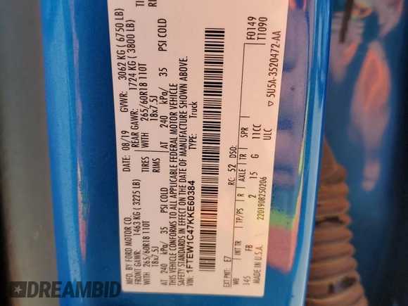 2019 Ford F-150 XL with VIN 1FTEW1C47KKE60384, listed as a Copart auction lot 85578354 with 89,625 mi miles and Salvage Title. Bid and sale history available at DreamBid. Image 13.