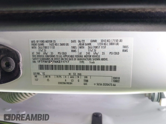 2022 Ford F-150 XL with VIN 1FTFW1E57NKE11717, listed as a IAAI auction lot 42115356 with 50,315 mi miles and . Bid and sale history available at DreamBid. Image 9.