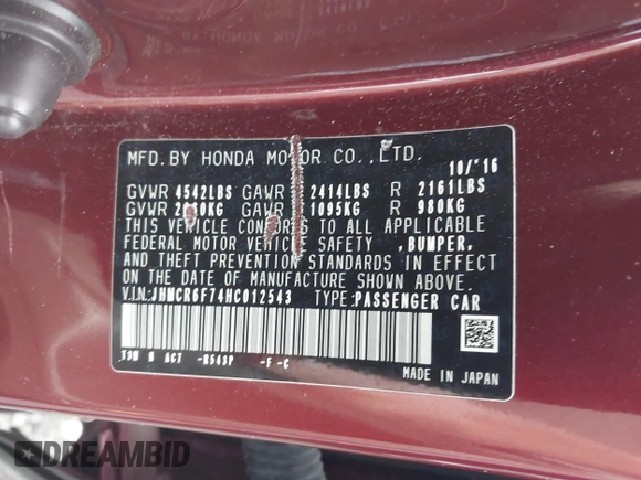 2017 Honda Accord Touring with VIN JHMCR6F74HC012543, listed as a IAAI auction lot 42618877 with 158,550 mi miles and . Bid and sale history available at DreamBid. Image 9.