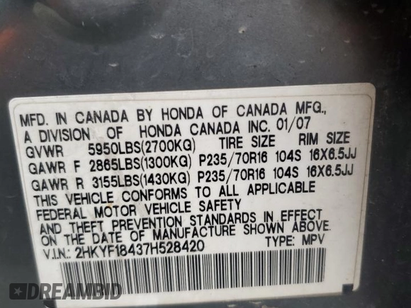 2007 Honda Pilot EX with VIN 2HKYF18437H528420, listed as a Copart auction lot 50230285 with Not Provided miles and Salvage Title. Bid and sale history available at DreamBid. Image 15.