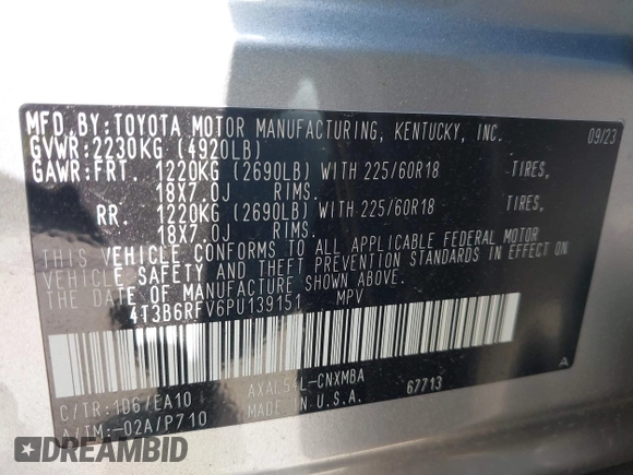 2023 Toyota RAV4 Hybrid XLE Premium z VIN 4T3B6RFV6PU139151, wystawiony jako IAAI lot #41665860 z przebiegiem 7 171 mil mil oraz . Historia ofert i sprzedaży dostępna na DreamBid. Obrazek 9.