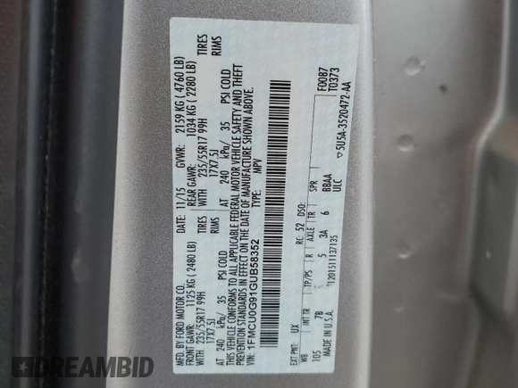 2016 Ford Escape SE with VIN 1FMCU0G91GUB58352, listed as a Copart auction lot 50617755 with 78,036 mi miles and Salvage Title. Bid and sale history available at carsss.com. Image 13.