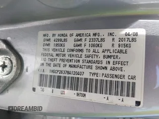 2008 Honda Accord LX z VIN 1HGCP26378A120407, wystawiony jako IAAI lot #39600380 z przebiegiem 208 488 mil mil oraz . Historia ofert i sprzedaży dostępna na DreamBid. Obrazek 9.
