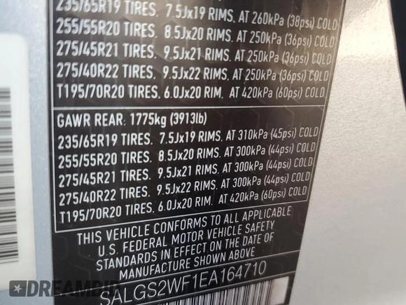 2014 Land Rover Range Rover HSE with VIN SALGS2WF1EA164710, listed as a Copart auction lot 62703505 with 138,163 mi miles and Salvage title. Bid and sale history available at DreamBid. Image 13.