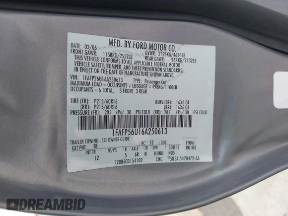 2006 Ford Taurus SEL with VIN 1FAFP56U16A250613, listed as a IAAI auction lot 42377226 with Not provided miles and . Bid and sale history available at DreamBid. Image 9.