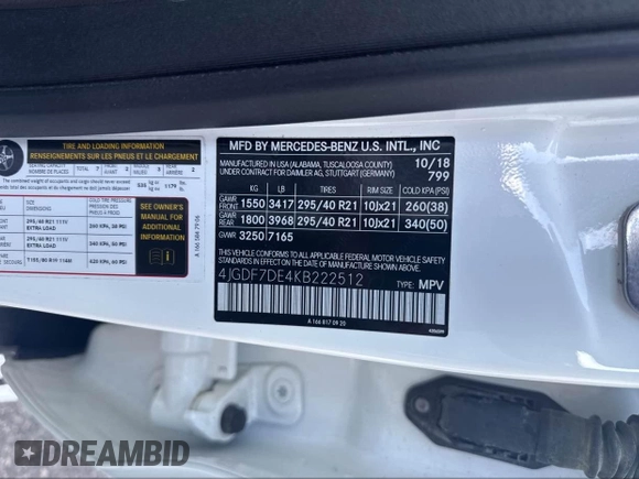 2019 Mercedes-Benz GLS 550 with VIN 4JGDF7DE4KB222512, listed as a IAAI auction lot 42040901 with 38,005 mi miles and . Bid and sale history available at DreamBid. Image 9.