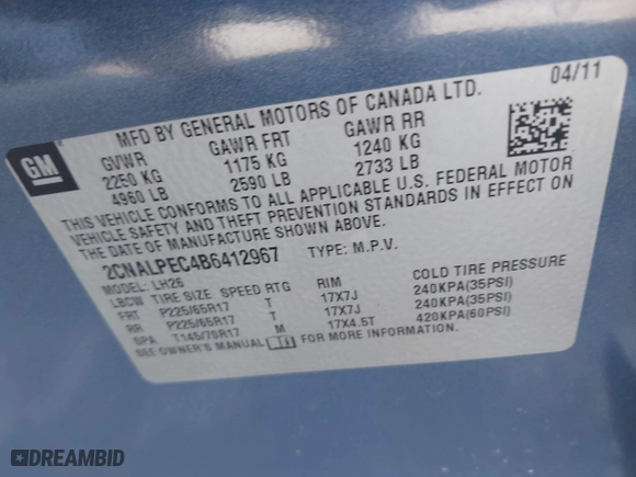 2011 Chevrolet Equinox LT w/2LT with VIN 2CNALPEC4B6412967, listed as a IAAI auction lot 41931613 with 177,656 mi miles. Bid and sale history available at carsss.com. Image 9.