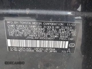 2008 Lexus LS 460 L with VIN JTHGL46FX85024697, listed as a IAAI auction lot 42085801 with 141,348 mi miles and . Bid and sale history available at DreamBid. Image 9.