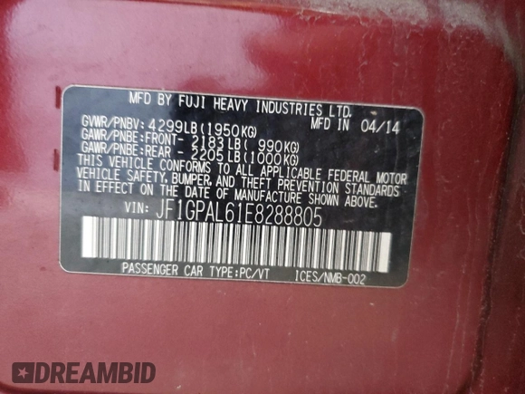 2014 Subaru Impreza Special Sports Premium z VIN JF1GPAL61E8288805, wystawiony jako Copart lot #52557885 z przebiegiem 91 889 mil mil oraz Szkoda całkowita • Salvage title. Historia ofert i sprzedaży dostępna na DreamBid. Obrazek 14.