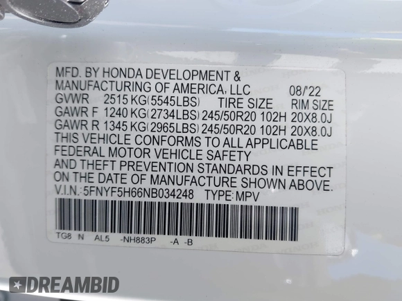 2022 Honda Pilot Touring 7-Passenger с VIN 5FNYF5H66NB034248, выставлен на аукционе IAAI как лот 41777362 с пробегом 26 611 миль миль и . История ставок и продаж доступна на DreamBid. Изображение 9.