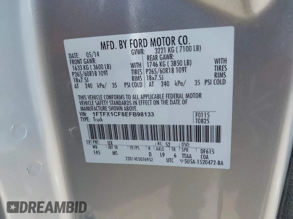 2014 Ford F-150 XL with VIN 1FTFX1CF8EFB98133, listed as a IAAI auction lot 42007052 with 70,530 mi miles and . Bid and sale history available at DreamBid. Image 9.