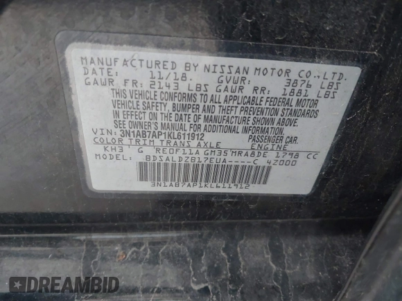 2019 Nissan Sentra SV z VIN 3N1AB7AP1KL611912, wystawiony jako IAAI lot #41474550 z przebiegiem 117 483 mil mil oraz . Historia ofert i sprzedaży dostępna na DreamBid. Obrazek 9.