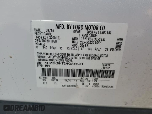 2017 Ford Explorer Platinum с VIN 1FM5K8HT2HGA66951, выставлен на аукционе Copart как лот 61423675 с пробегом 205 686 миль миль и Списание • Salvage title. История ставок и продаж доступна на DreamBid. Изображение 13.