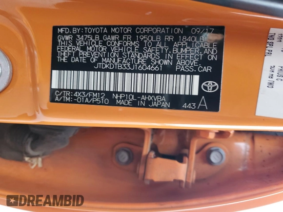 2018 Toyota Prius One with VIN JTDKDTB33J1604661, listed as a Copart auction lot 54900205 with 123,421 mi miles and Salvage title. Bid and sale history available at DreamBid. Image 13.