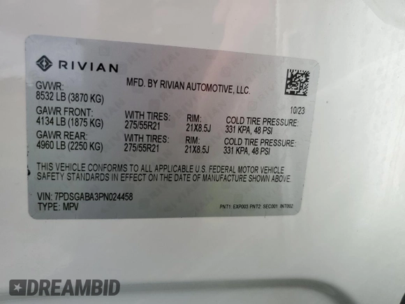 2023 Rivian R1S Adventure z VIN 7PDSGABA3PN024458, wystawiony jako Copart lot #74087714 z przebiegiem 3 505 mil mil oraz Nie do naprawy • Non repairable. Historia ofert i sprzedaży dostępna na DreamBid. Obrazek 14.