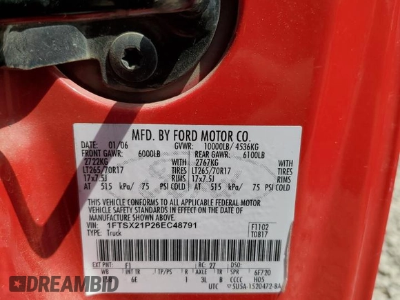 2006 Ford F-250 XL with VIN 1FTSX21P26EC48791, listed as a Copart auction lot 55861705 with 98,621 mi miles and Salvage title. Bid and sale history available at DreamBid. Image 13.