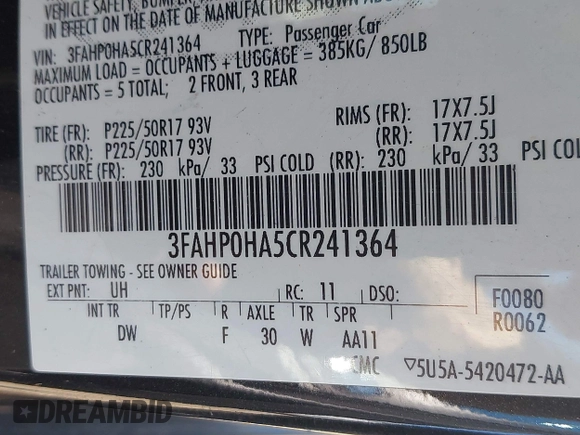 2012 Ford Fusion SE z VIN 3FAHP0HA5CR241364, wystawiony jako IAAI lot #42388912 z przebiegiem 130 126 mil mil oraz . Historia ofert i sprzedaży dostępna na DreamBid. Obrazek 9.