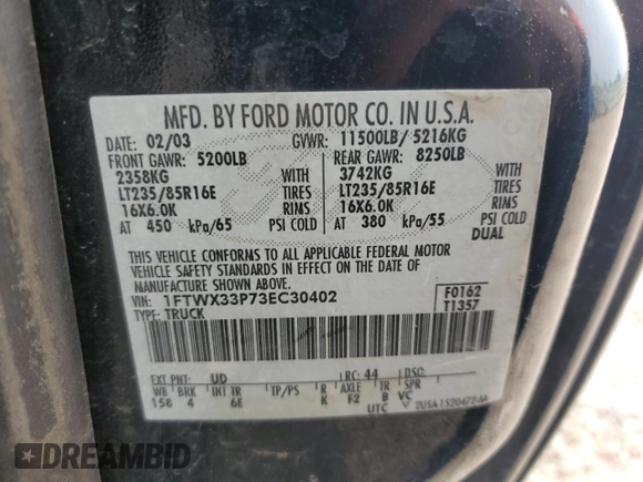 2003 Ford F-350 XL с VIN 1FTWX33P73EC30402, выставлен на аукционе Copart как лот 60824535 с пробегом Не указан миль и Списание • Salvage title. История ставок и продаж доступна на DreamBid. Изображение 12.