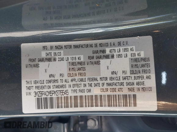 2023 Mazda 3 S Carbon Edition with VIN 3MZBPACM5PM376545, listed as a IAAI auction lot 42404054 with Not provided miles and . Bid and sale history available at DreamBid. Image 9.