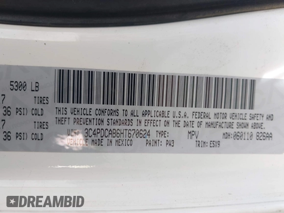 2017 Dodge Journey SE with VIN 3C4PDCAB6HT670624, listed as a IAAI auction lot 41777947 with 143,496 mi miles and . Bid and sale history available at DreamBid. Image 9.