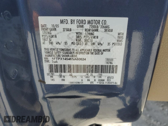 2006 Ford F-150 XLT with VIN 1FTPX14546NA60624, listed as a Copart auction lot 65115705 with 252,996 mi miles and Clean title. Bid and sale history available at DreamBid. Image 12.