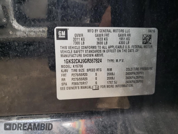 2016 GMC Yukon Denali with VIN 1GKS2CKJ9GR367824, listed as a Copart auction lot 63682964 with 0 mi miles and Salvage Title. Bid and sale history available at carsss.com. Image 13.
