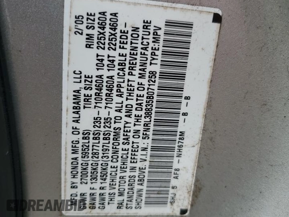 2005 Honda Odyssey Touring z VIN 5FNRL38835B071258, wystawiony jako Copart lot #57878295 z przebiegiem 143 474 mil mil oraz Szkoda całkowita • Salvage title. Historia ofert i sprzedaży dostępna na DreamBid. Obrazek 13.