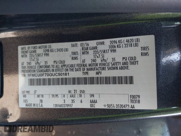 2016 Ford Escape S with VIN 1FMCU0F70GUC50181, listed as a IAAI auction lot 41565118 with 155,444 mi miles. Bid and sale history available at carsss.com. Image 9.