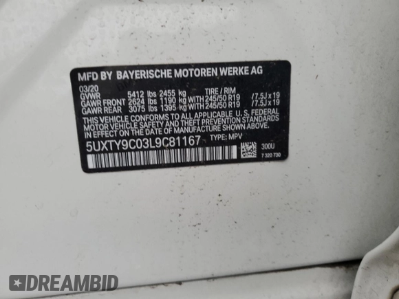 2020 BMW X3 M40i with VIN 5UXTY9C03L9C81167, listed as a Copart auction lot 85816284 with 42,211 mi miles and Salvage Title. Bid and sale history available at DreamBid. Image 13.