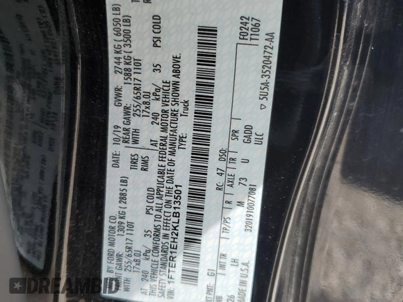 2019 Ford Ranger XL with VIN 1FTER1EH2KLB13501, listed as a Copart auction lot 54915535 with 80,395 mi miles and Salvage title. Bid and sale history available at DreamBid. Image 12.