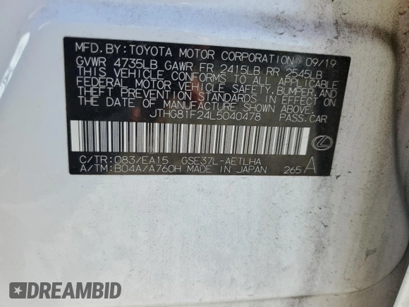 2020 Lexus IS 300 F Sport z VIN JTHG81F24L5040478, wystawiony jako Copart lot #61616525 z przebiegiem 69 672 mil mil oraz Szkoda całkowita • Salvage title. Historia ofert i sprzedaży dostępna na DreamBid. Obrazek 12.