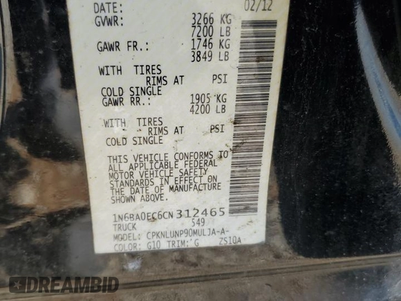 2012 Nissan Titan SV with VIN 1N6BA0EC6CN312465, listed as a Copart auction lot 58722815 with 186,207 mi miles and Salvage title. Bid and sale history available at DreamBid. Image 12.