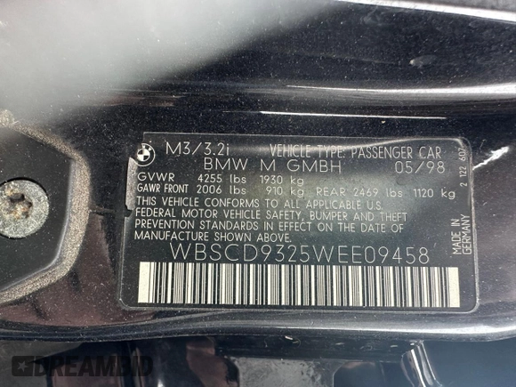 1998 BMW M3 z VIN WBSCD9325WEE09458, wystawiony jako Copart lot #48253425 z przebiegiem 254 162 mil mil oraz Czysty tytuł • Clean title. Historia ofert i sprzedaży dostępna na DreamBid. Obrazek 10.