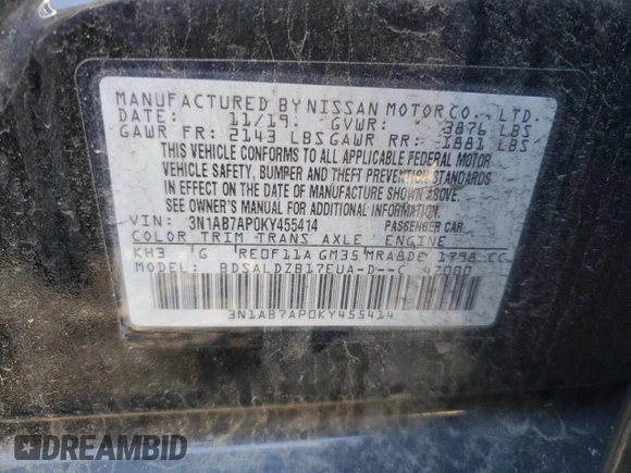 2019 Nissan Sentra S with VIN 3N1AB7AP0KY455414, listed as a Copart auction lot 55027795 with 64,714 mi miles and Salvage Title. Bid and sale history available at DreamBid. Image 12.