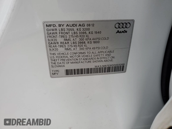 2013 Audi Q7 3.0L TDI Premium Plus with VIN WA1LMAFE9DD003269, listed as a Copart auction lot 51421145 with 147,762 mi miles and Salvage Title. Bid and sale history available at carsss.com. Image 13.