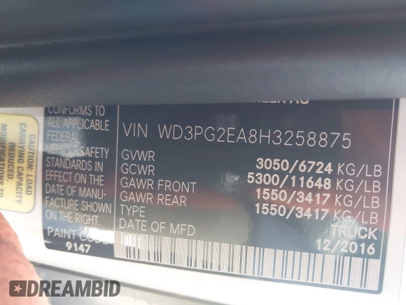 2017 Mercedes-Benz Metris Cargo with VIN WD3PG2EA8H3258875, listed as a IAAI auction lot 42517418 with 29,044 mi miles and . Bid and sale history available at DreamBid. Image 9.