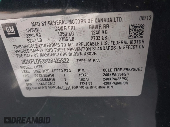2013 Chevrolet Equinox LT with VIN 2GNFLDE36D6425822, listed as a IAAI auction lot 41820635 with 156,606 mi miles and . Bid and sale history available at DreamBid. Image 9.
